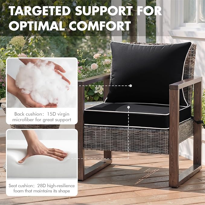 MIULEE Black Outdoor Seat Cushion 22x22 Inch Waterproof & 3 Year Fade Resistant Deep Seat and Back Cushion for Patio Furniture Chair Sofa Couch with Handle and Adjustable Straps