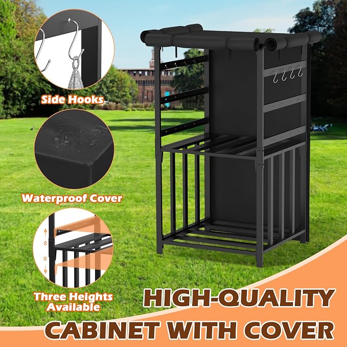 Firewood Storage Rack for Solo Stove Bonfire Ranger Yukon Fire Pit Accessories, Black Steel with Powder Coated Finish, Adjustable Shelves, Waterproof Cover, 29.9" x 25.6" x 52.9"