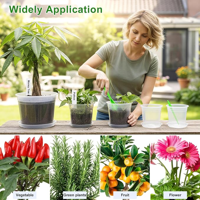 5/6/7/10 Inch Clear Nursery Pots with Drainage & Saucers 16PCS , Plant Large Pots with Labels, Seedling Tool & Hole Puncher, Plastic Nursery Pots for Succulents, Seedings, Herbs, Flowers, Vegetables