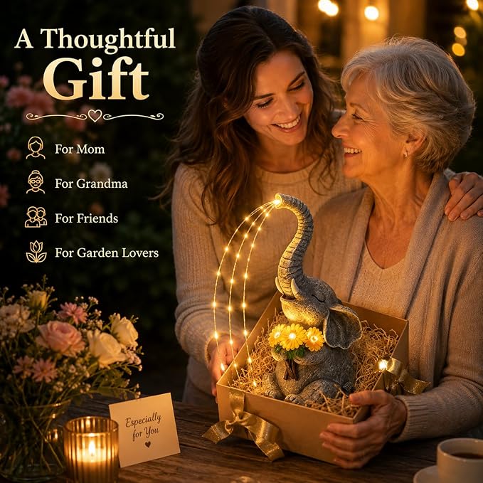 mocosa Solar Garden Statues Elephant and LED Lights Birthday Gifts for Women Mom Grandma Solar Outdoor Cat Decor for Outside,Outdoor Solar Lights for Yard, Garden and Patio, Unique Gift for Women
