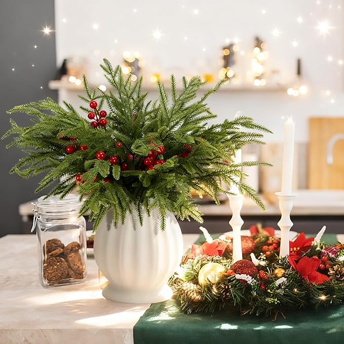 Watayo 60 Pcs Christmas Norfolk Pine Branches with Red Berry Stems, 14" Artificial Greenery Norfolk Pine Stems Sprigs, Fake Foliage Pine Needles Picks for DIY Craft Garland Home Decoration