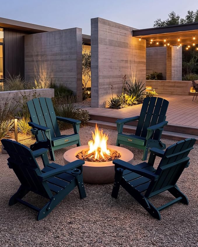 Folding Adirondack Chair Set of 4, HDPE Adirondack Chairs with 2 Cup Holder, Plastic All-Weather Fire Pit Chairs, Outdoor Lawn Chair for Patio Garden (Tibetan Blue)
