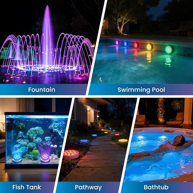 LOFTEK Pool Lights, Rechargeable Submersible LED Lights with Remote, IP68 Waterproof, 16 Colors Underwater Pool Light for Above Ground Inground Pool, Hot Tub, Shower, Bathub, Party, Vase, 2 Pack