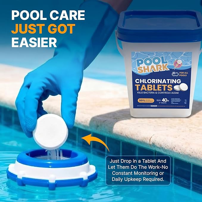 Pool Shark Swimming Pool Chlorine Tablets | 40 lbs | 3-Inch Chlorine Tablets | Slow-Dissolving 90% Active Chlorine Tabs | Pool Chemicals for Inground Pools, Above Ground Pools, Saltwater, Spa, Hot Tub