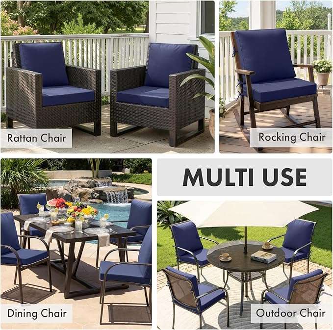 MIULEE Navy Outdoor Dining Cushion 20x20 Inch Waterproof & 3 Year Color Fastness Deep Seat and Back Cushion for Patio Furniture Chair with Ties