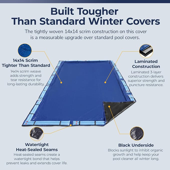 Blue Wave Gold 15-Year 20-ft x 44-ft Rectangular In Ground Pool Winter Cover | Solid polyethylene, black underside, heat-sealed seams, grommets, cable, winch, 5-ft overlap, 15-yr support, blocks debris