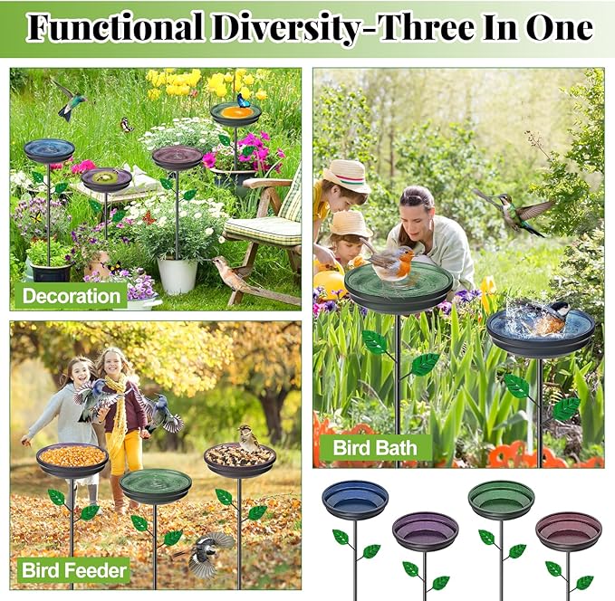 4PCS Hummingbird Bird Bath for Outside, Freestanding Metal Flower BirdBaths Bowl with Stake, Detachable Birdfeeder for Outdoor Yard Lawn Garden Decor (4PCS-Blue-Green-Brown-Purple)