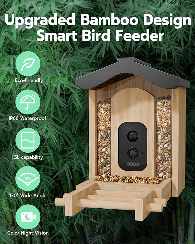 VISIOGEAR Bird Feeder with Camera, Smart Bird Feeder for Outdoors, Wild Birds Feeders with Solar Panel Bamboo Birds House Camera for Birdlovers, AI Auto Capture Birds & Real-time Notification (Gable)