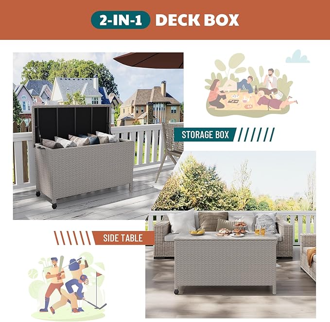 120 Gallon Rattan Deck Box, Outdoor Storage Box With Wheels and Handle, Waterproof Large Storage Bench Organizer for Patio Backyard Cushions, Pool Supplies and Garden Tools, Grey