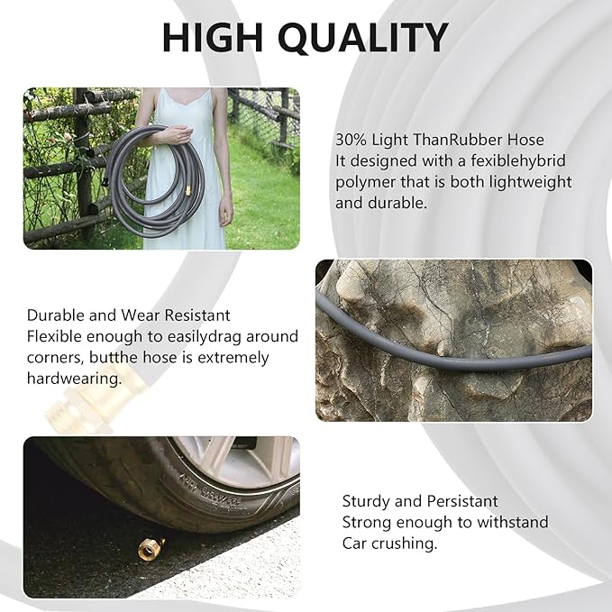 Garden Hose 5/8" x 15ft Brass Rubber Heavy Duty Water Hose 600 PSI Burst Pressure, Durable Flexible Hose for Yard, Car Wash, Pets Gray
