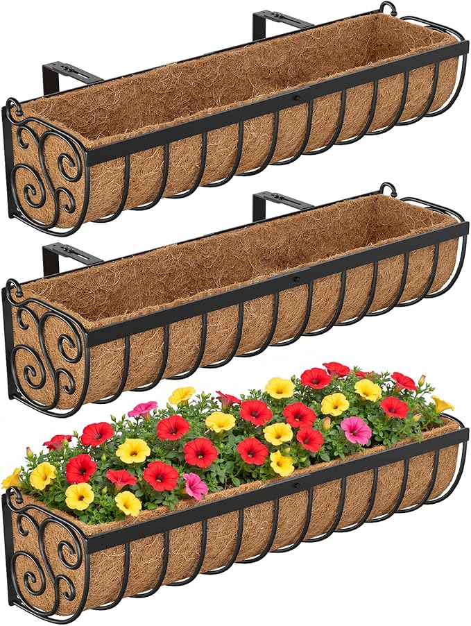 VOXOR Railing Planter Boxes, 30 Inch Window Boxes Planters, Balcony Planters with Adjustable Brackets & Coco Liner & Support Rod for Outdoor Fence, Deck, Porch, and Patio Gardening, 3 Pack