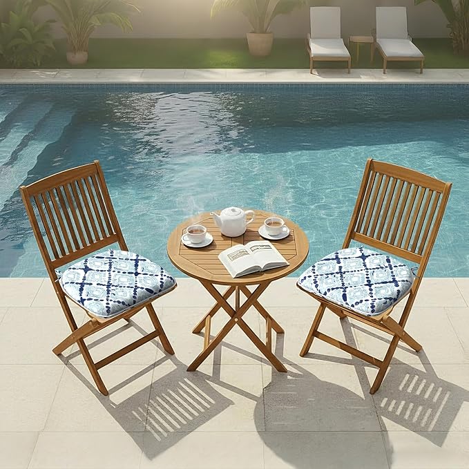 DYTXIII Set of 2 Outdoor Chair Cushions with Ties,Water Repellent Patio Chair Pads 17"x 16" for Outdoor Furniture,Round Corner Seat Cushions for Garden Yard Kitchen Boho Geometry Blue