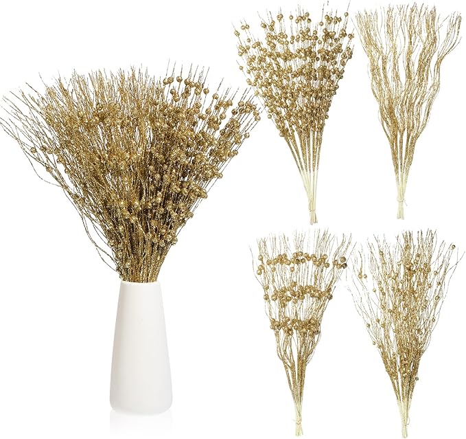 Yuxung 36 Pcs 17'' 15'' Christmas Artificial Glitter Berry Stems 4 Styles Xmas Decorative Tree Picks Branches Large Glittery Twigs for Christmas Tree Xmas Wreath Vase Filler(Gold)