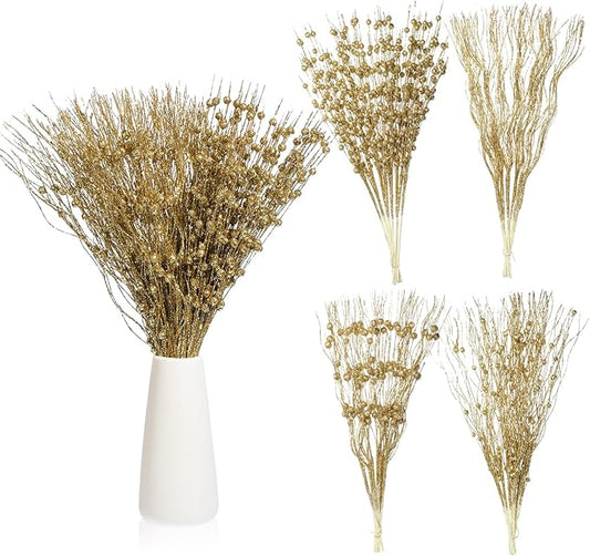 Yuxung 36 Pcs 17'' 15'' Christmas Artificial Glitter Berry Stems 4 Styles Xmas Decorative Tree Picks Branches Large Glittery Twigs for Christmas Tree Xmas Wreath Vase Filler(Gold)