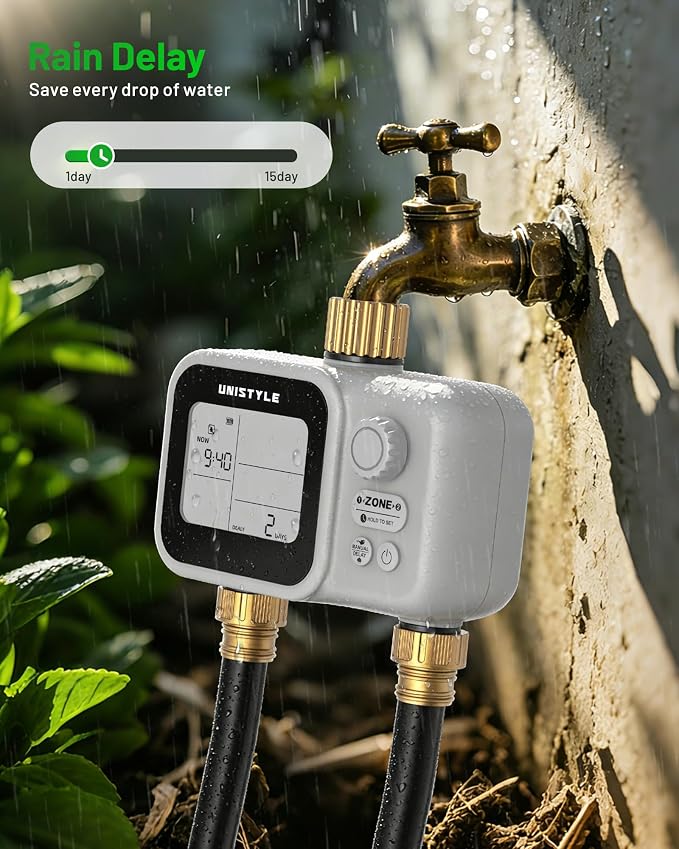 [All-New 2027] 2 Zone Ball Valve Sprinkler Timer Brass Inlet, Low-Pressure Starts at Zero Pressure, Unistyle Water Timer for Garden Hose, Rain Delay, Manual Control, Automatic Irrigation Hose Timers