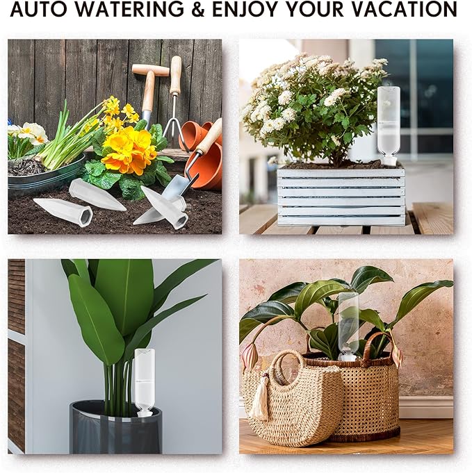 Ziliny 16 Pcs White Terracotta Watering Spikes with 25 oz Plastic Bottles Set, Plant Watering Devices Vacation Plant Waterer Self Watering Planter Devices Slow Release Planter for Indoor Outdoor