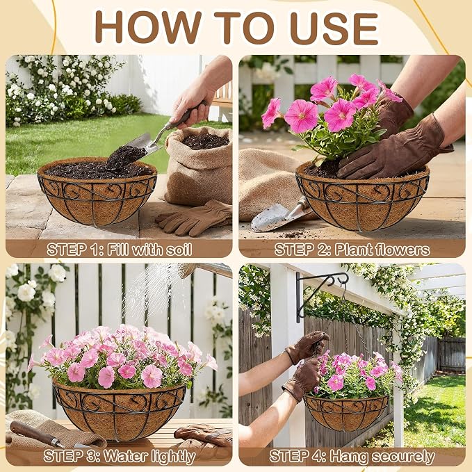 2 Pack 12 inch Metal Hanging Baskets for Plants, Round Metal Wire Hanging Basket Planter with Coco Fiber Liners Chain for Garden Home Porch Patio, Flower Border
