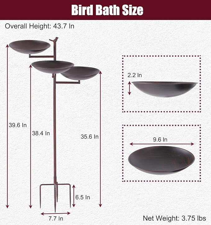 44" H Metal Bird Bath and Feeder for Outside, Standing Birdbaths with Cast Iron Bird, Vintage Birdfeeder for Outdoors with 4-Prong Stake Base for Garden Decor Yard Lawn, Red