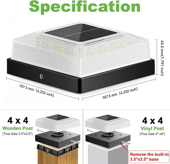 Brightever 3.5x3.5 4x4 Solar Post Cap Light Outdoor, 6-Pack Fence Post Solar Lights for Wooden/Vinyl Posts, 3 Lighting Modes, Solar Powered Waterproof Deck Post Lights for Garden Patio, Black