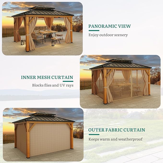 YITAHOME 11X13FT Wood Outdoor Gazebo Wooden Hardtop Gazebo Double Roof Hardtop Galvanized Steel Top Canopy w/Curtain and Netting, Patio Heavy Duty for Deck, Backyard, Golden
