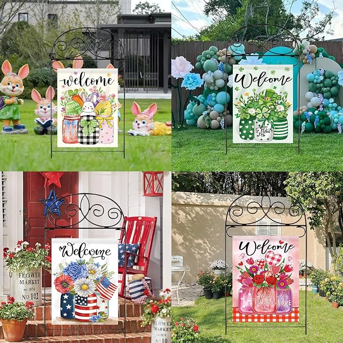 Seasonal Garden Flags Set of 12 Double Sided 12 x 18 Inch Glass Bottles Theme Yard Flags, Small Flags for Outside, Spring Easter 4th of July Outdoor Flags, Holiday Garden Flags for All Seasons