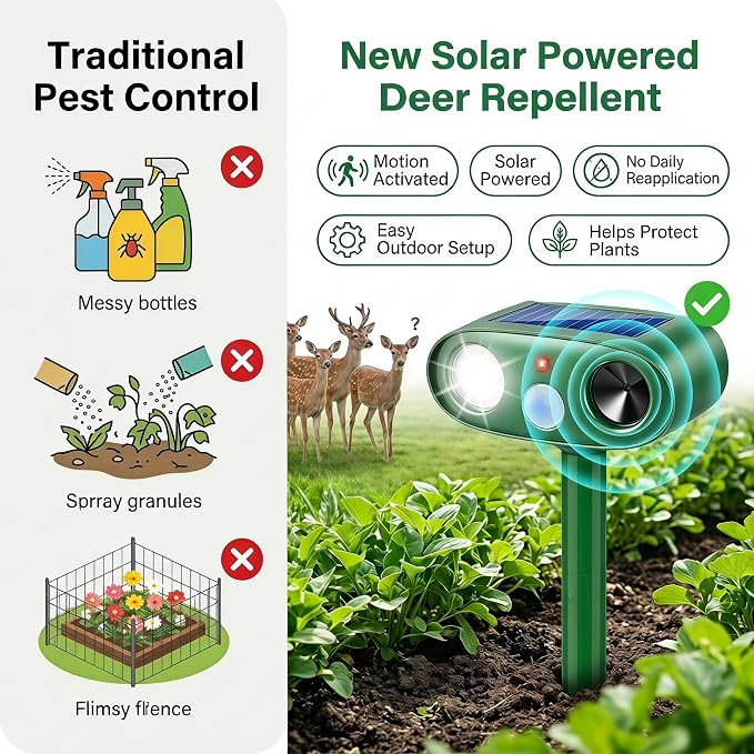 2Pack Upgraded Ultrasonic Deer Repellent for Plants Solar Animal Repellent Outdoor with Motion Sensor Strobe Light for Rabbit Cat Deterrent Raccoon Squirrel Fortress Pro Keep Pests Out of Yard Farm