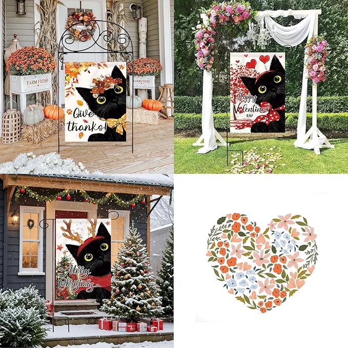 Seasonal Garden Flags Set of 11 Double Sided 12 x 18 Inch Cute Black Cat Yard Flags, Small Flags for Outside, Spring 4th of July Easter Outdoor Flags, Holiday Garden Flags for All Seasons
