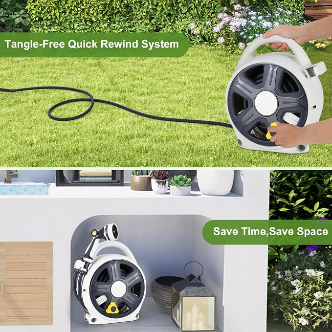 Retractable Garden Hose Reel, 1/2” x 60 ft Portable Hose Reel with 10 Patterns Spray Nozzle, Heavy Duty, Leakproof, Durable & Compact Design for Garden Watering, Car Washing, Pet
