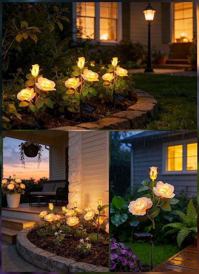 Brightown Outdoor Solar Flower Lights, 4 Pack Solar Garden Light with Larger & More Realistic Champagne Rose, Bigger Solar Panel, Waterproof Solar Lights Outdoor for Yard Garden Lawn Pathway Decor