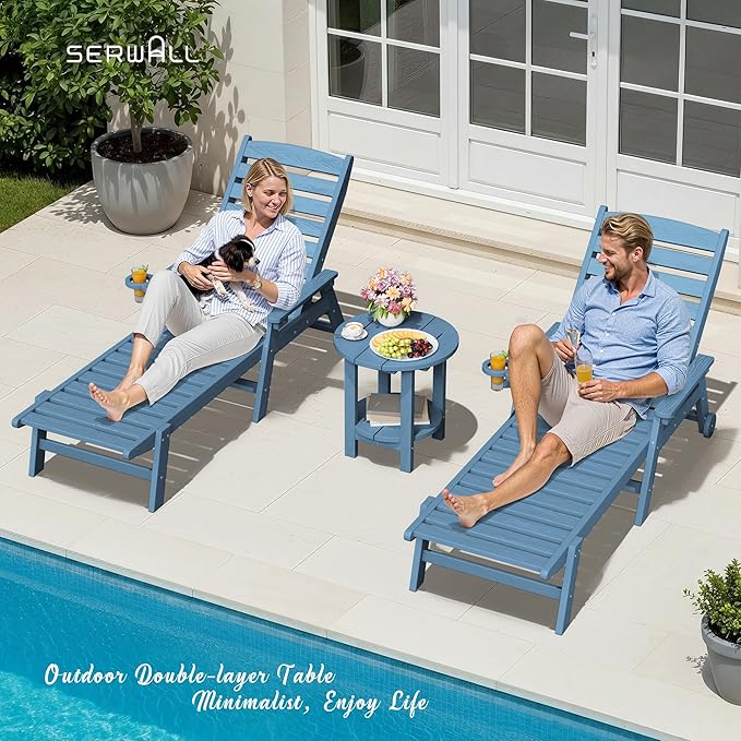 SERWALL Round Outdoor Side Table Set of 4, HDPE Small Adirondack Double End Table, Navy