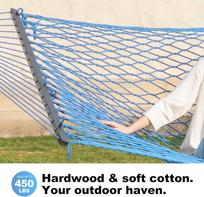 GAFETE 12ft Double Hammocks for Outside, Handwoven Traditional Cotton Rope 2 Person Hammock with Hardwood Spreader Bar, Chains & Hooks for Indoor Outdoor, Max 450 lbs Capacity (Lake Aqua, Medium)