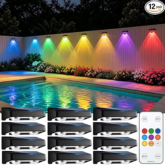 Solar Fence Lights Outdoor with Remote, 12 Pack 9 Colors & 11 Lighting Modes Fence Lights Solar Powered Waterproof IP65 Color Changing Solar Lights for Fence Garden Yard Patio Deck Step Wall