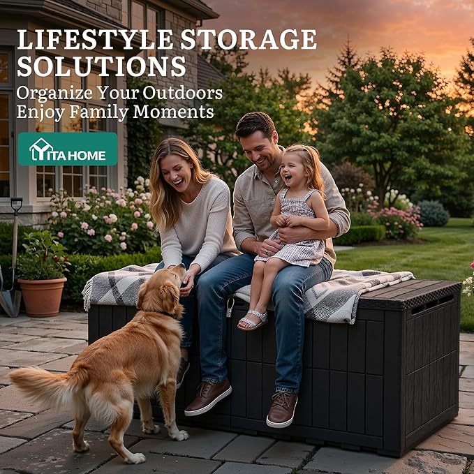 YITAHOME 240 Gallon Large Outdoor Storage Box XXL Resin Deck Box with Lock, Extra-Large Waterproof Patio Furniture Bin and 3-Person Bench Seating for Garden Tools & Pool Accessories, Black