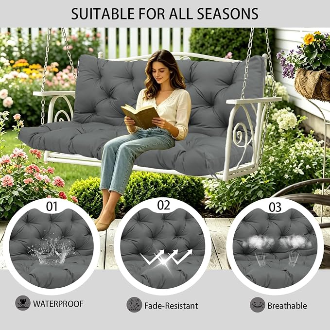5 Inch Thick Waterproof Patio Porch Swing Cushions, 60x40 Inch 3 Seater Replacement Cushion with Backrest & 8 Ties, Fade-Resistant Outdoor Bench Swing Pad