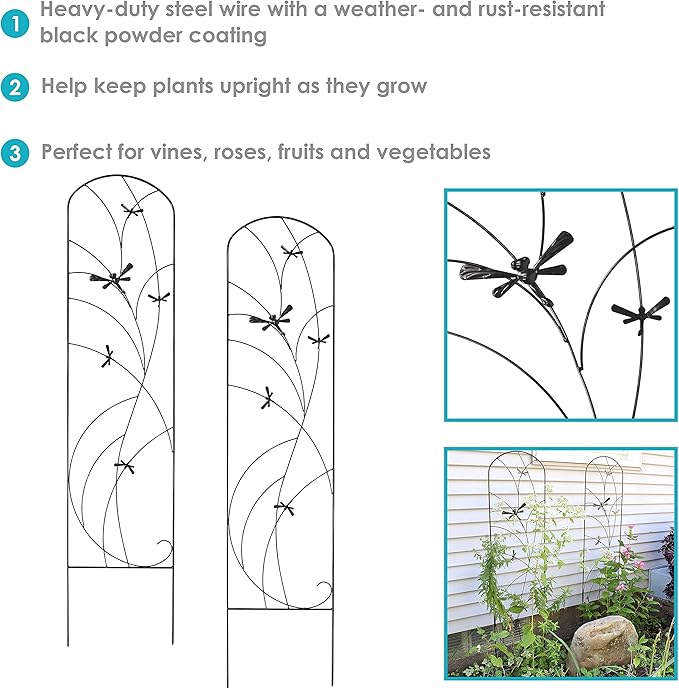 Sunnydaze 56-Inch Dragonfly Delight Outdoor Plant Trellis - Metal Garden Trellis for Climbing Plants - Set of 2 - Black