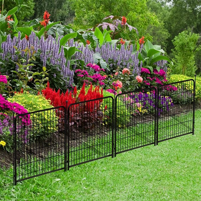 Getlay Garden Fence with Gate 48 in(H)×27 in(L) 4 Panels, Heavy Duty Iron Animal Barrier Fence, Rabbit Fence for Garden, Suitable for Indoor Pet Or Outdoor Dog Fencing, Total 8.9 Ft(L), Black
