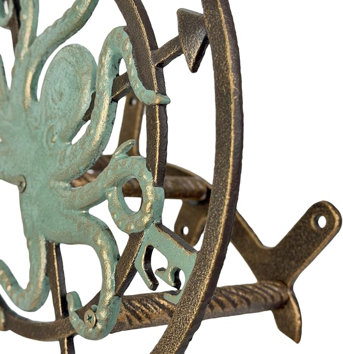 Zeckos 11.75 Inch Cast Iron Octopus Compass Rose Garden Hose Holder, Bronze Verde Patina Nautical Outdoor Wall Mounted Decorative Hose Hanger for Yard, Garden, Patio or Beach House