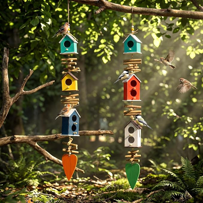 2 Pack Birdhouse Bird Feeders for Outdoor, Colourful Hanging Wooden Bird Feeder Outside Garden Yard Farmhouse Birds Feeders for Country Yard Garden Decoration for Cardinals Finches Chickadees