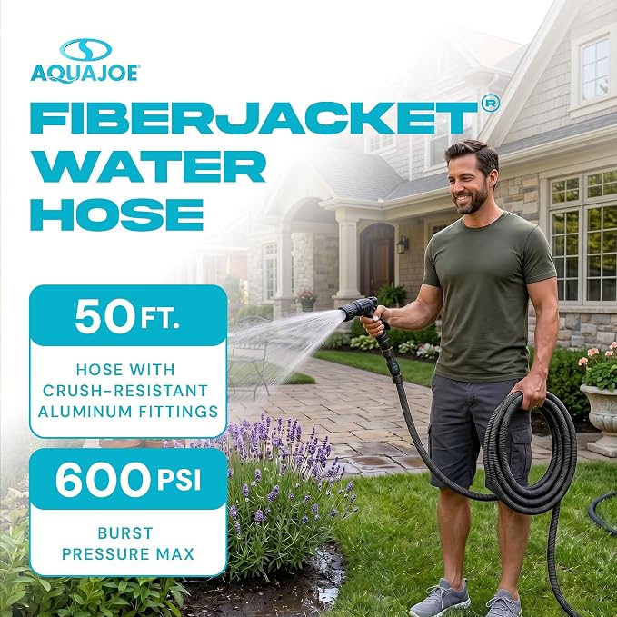 Aqua Joe FiberJacket Garden Hose, Lightweight and Kink-Resistant, Durable Fabric Hose with Metal Fittings, 600 PSI Max, 50' x 5/8" Diameter