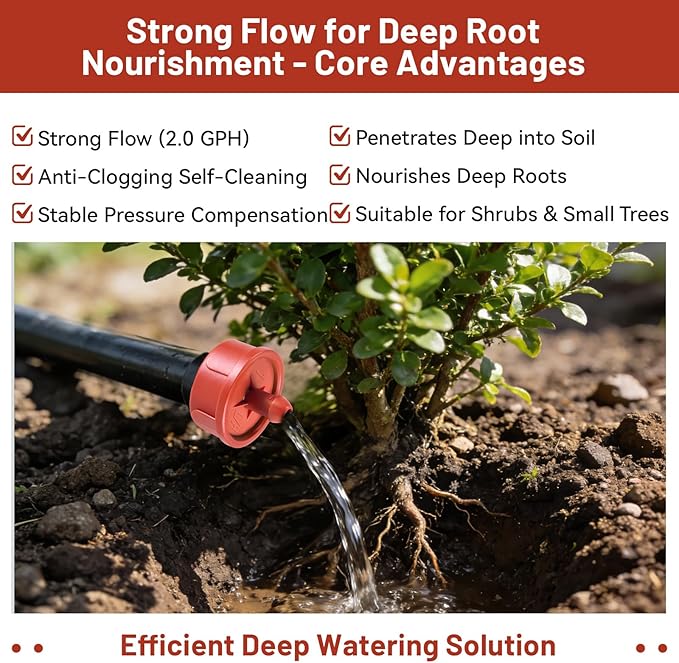 100 PCS 2 GPH Pressure Compensating Drip Irrigation Spot Dripper, Strong Flow Drip Irrigation Emitters Heads for Shrubs Small Trees, Irrigation Drippers Parts for Deep Root Outdoor Garden Irrigation