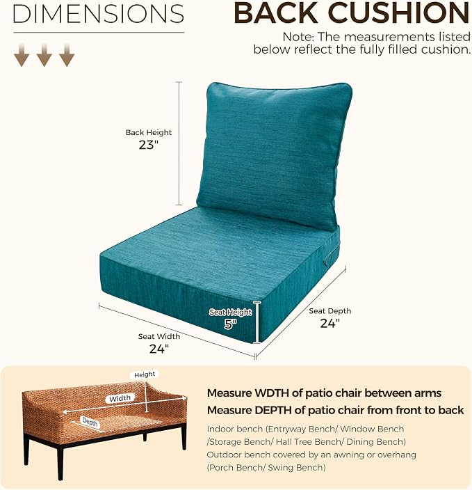 Art Leon Outdoor Patio Cushion 24"x 24" Outdoor Seat Cushions 30D High Density Foam Patio Chair Cushions with Non-Slip Backing Patio Cushions for Patio Furniture Porch Swing Garden Bench