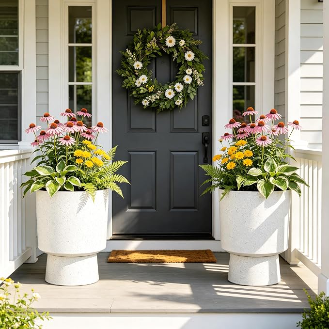 16.75"H Urn-Style Tall Planters, 2-Pack Modern Large Flower Pots for Outdoor Indoor, 2-in-1 Design Plant Containers for Garden Patio Yard Balcony Porch or Home Decor, White Terrazzo, UV-Protect