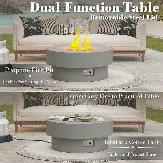 32.5 Inch Propane Fire Pit Table, 50,000 BTU Round Patio Fire Pit Table Outdoor, CSA Certified, Stainless Burner with Steel Lid, Waterproof Cover & Lava Rocks, for Garden Backyard, Gray