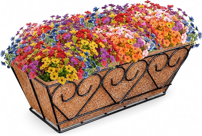 ZeeDix 16 Inch Railing Planter Box with 12 Pack Artificial Fake Flowers | Fake Silk, UV Sun Resistant, Look Real Colorful Flowers for Deck Porch Patio Balcony Garden Home Outdoor Outside Decoration