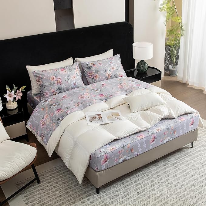 QSH Gray Floral Egyptian Cotton Sheets King Size,Luxury Silk Feel Botanical Flowers Pattern Printed Bed Sheets Sets King Size Aesthetic Soft and Breathable 17.5" Deep Pockets Bedding Sheets 4pcs