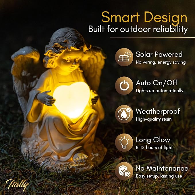 TIALLY Solar Garden Angel Statue – Praying Guardian Angel Statue Light for Outdoor Yard Decor, White Resin Garden Sculpture with Soft Glow for Angels Memorial or Cemetery Use (Pack of 4)