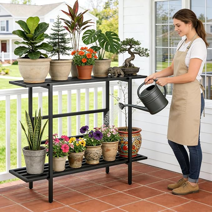 Heavy Duty Plant Stand Outdoor Indoor, Large Metal Plant Stand 48" L x 10" W x 38" H Outdoor Plant Stands 2-Tier Flower Pot Stand 500 LBS Capacity for Patio Garden