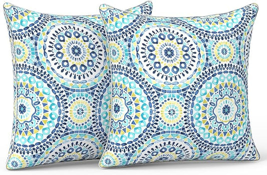 LVTXIII Set of 2 Patio Throw Pillows Waterproof 20"x20" Fade Resistant Outdoor Throw Pillows with Inserts, Fluffy Decorative Garden Toss Pillow Cushions for Home Patio Coach Sofa Use, Delancey Baltic