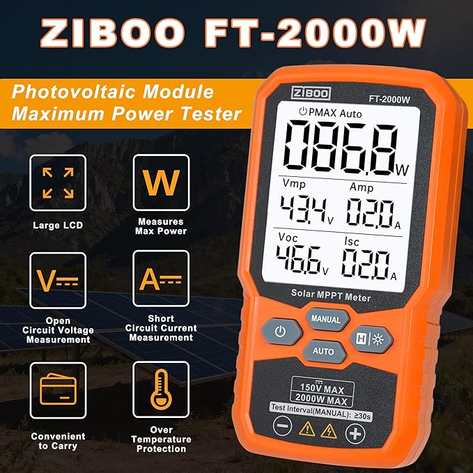 ZIBOO FT-2000W Solar Panel Tester MPPT Meter - 2000W Max Power, 150V/35A PV Module Tester for Voc/Isc, Open Circuit Voltage & Short Circuit Current, with Backlight & Data Hold
