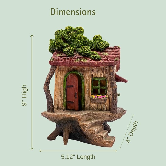 PRETMANNS Fairy Garden Treehouse for Outside - 9" H x 4" W Hand-Painted Resin Fairy House with Opening Door and Window Box - Waterproof Miniature Cottage for Patio Planter Balcony Decor, Gift Ready